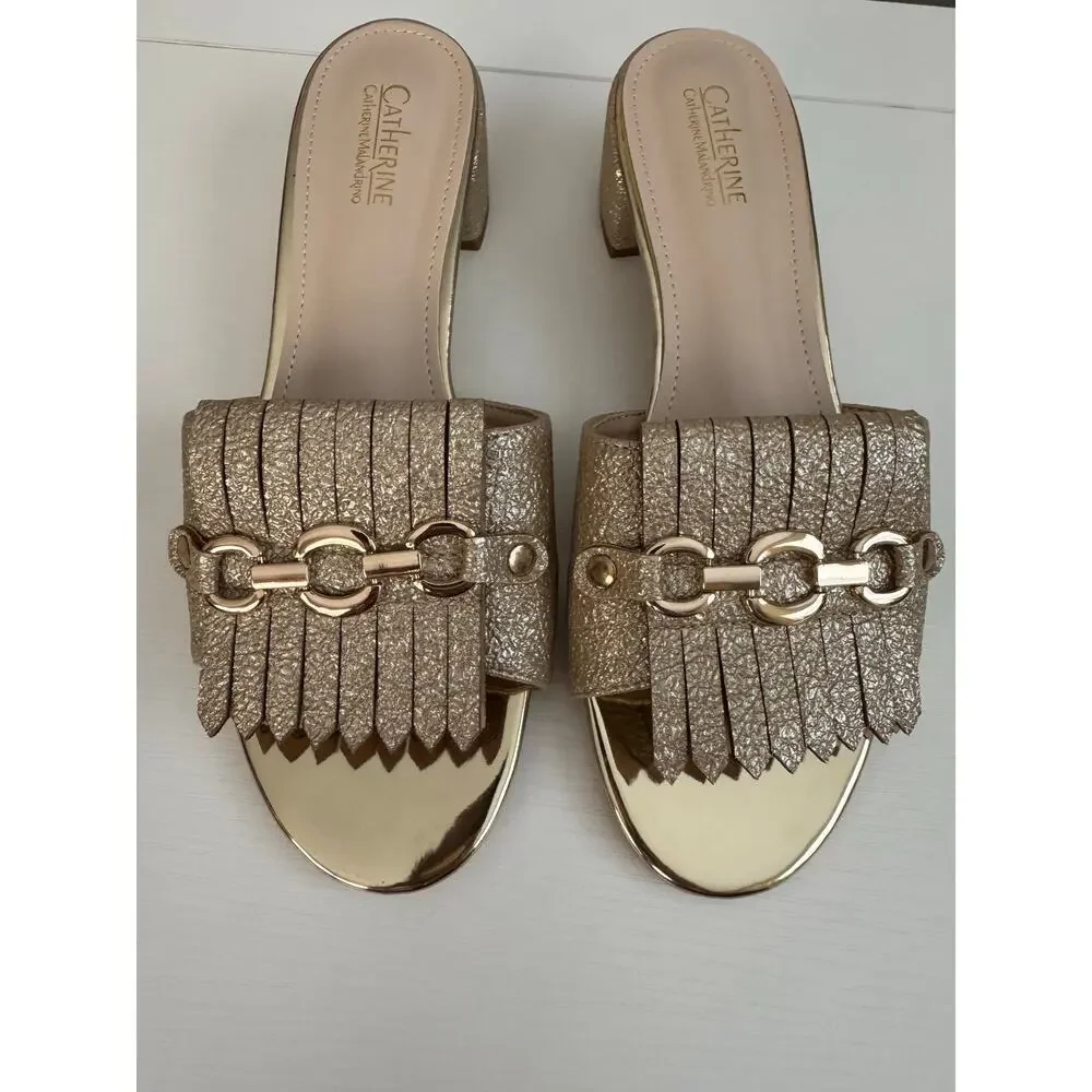 Catherine Malandrino Edelina Gold Fringe Chain Slide Sandals 7.5